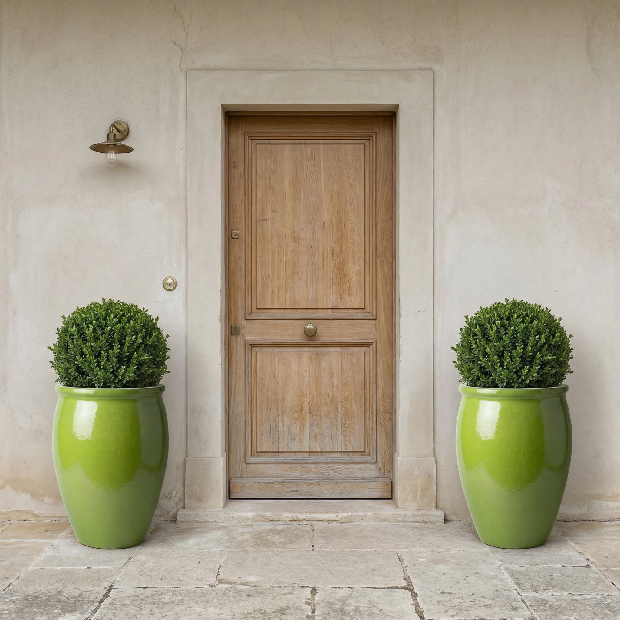 Keramický květináč BACCHUS - Olivově zelená s kulatým buxusem před starými dřevěnými dveřmi. Žena v bílých letních šatech se jemně dotýká rostliny.