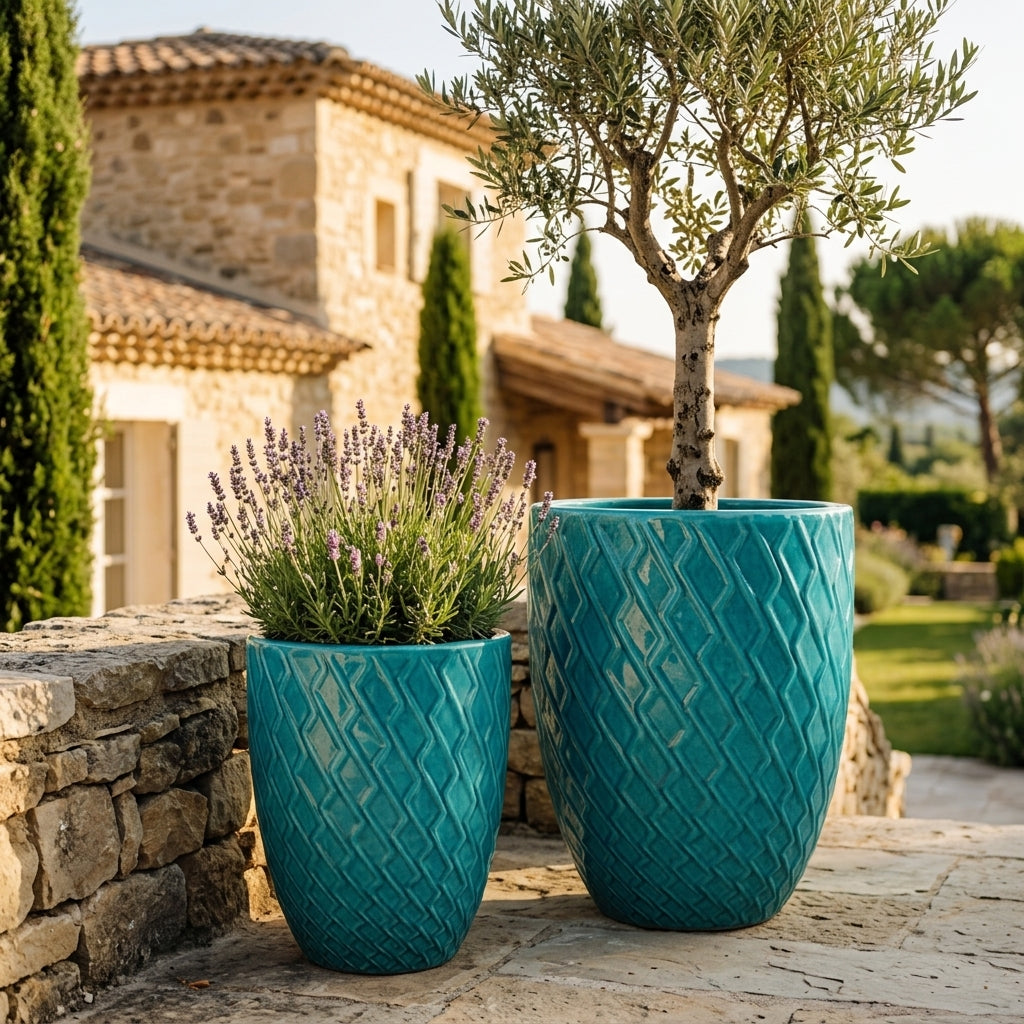 Detail na tyrkysový keramický květináč Zeus s lesklou glazurou, ozdobným reliéfem a zasazeným olivovníkem na kamenné terase.