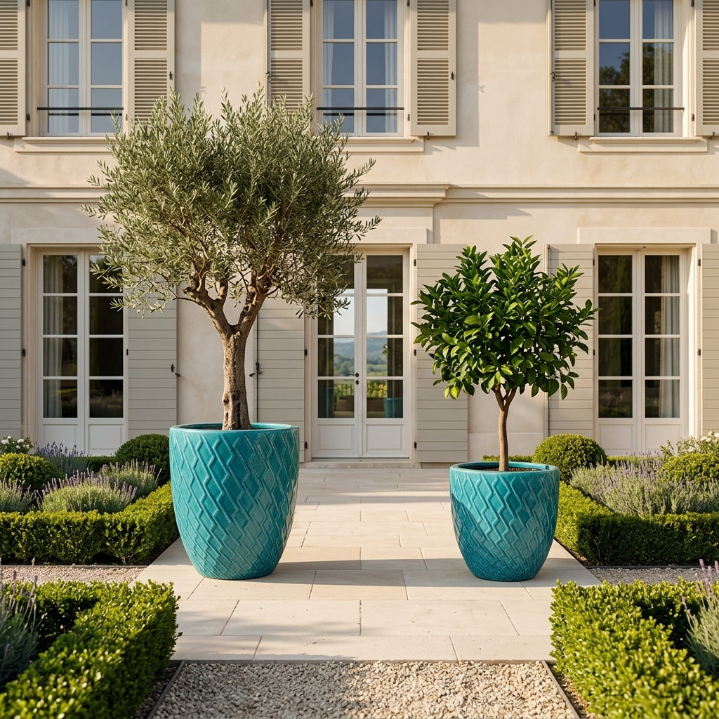 Detail na tyrkysový keramický květináč Zeus s lesklou glazurou, ozdobným reliéfem a zasazeným olivovníkem na kamenné terase.