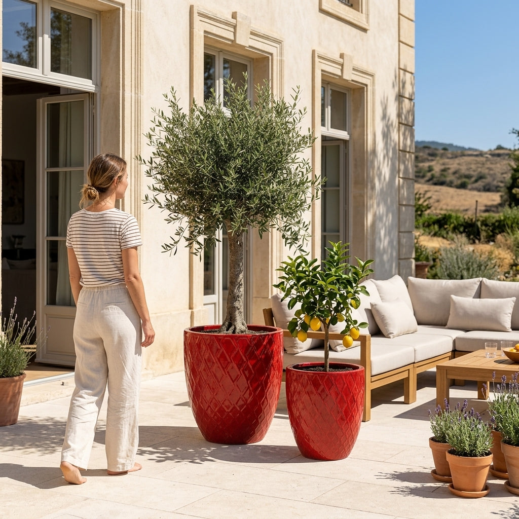 Detailní pohled na lesklý keramický květináč Zeus - Císařská červená s ozdobným reliéfem. Elegantní velká nádoba tvaru urny s olivovníkem na prosluněné kamenné terase.