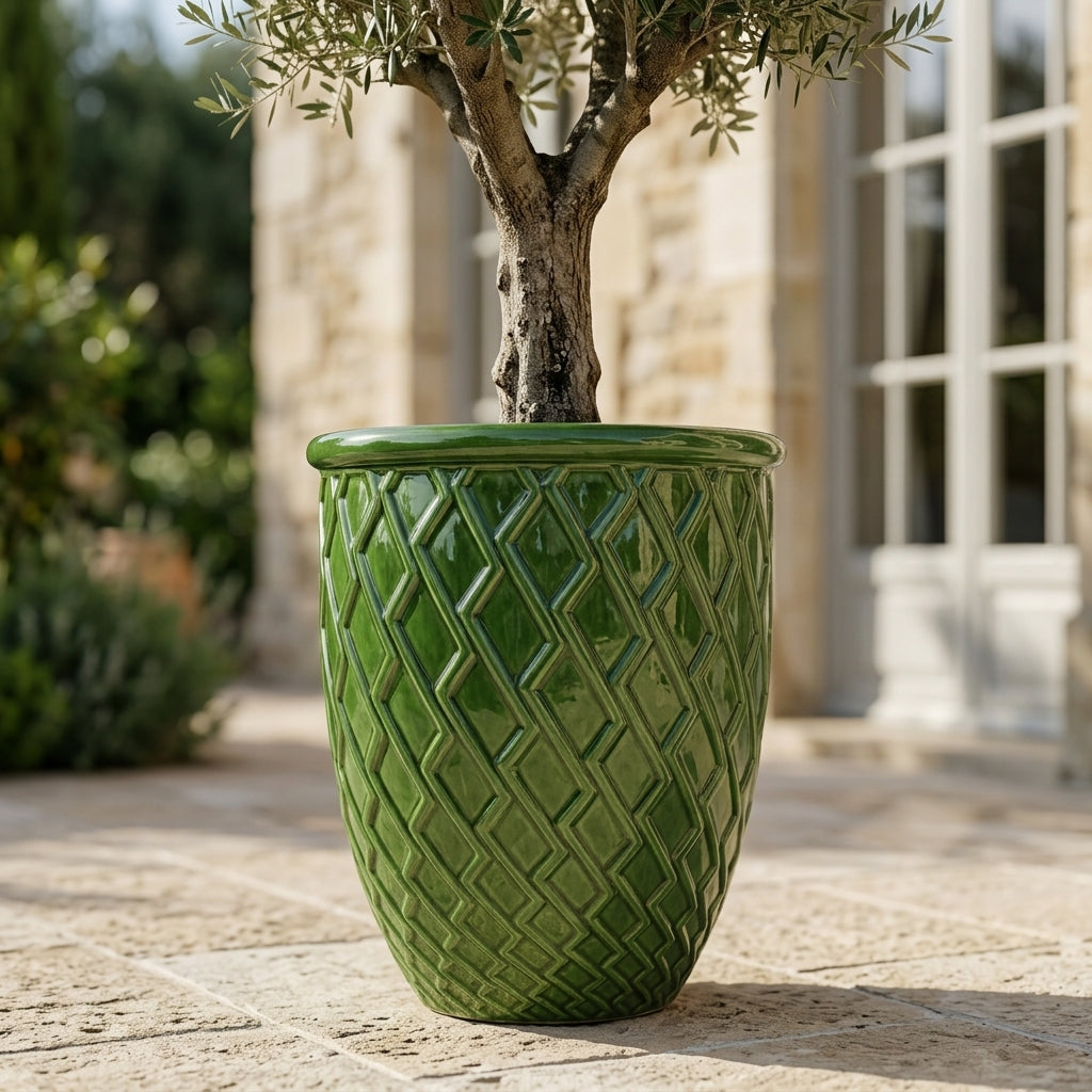 Keramický květináč Zeus - Jablkově zelená s olivovníkem na kamenné terase vily. Detail na lesklou glazuru a okrasný reliéf.