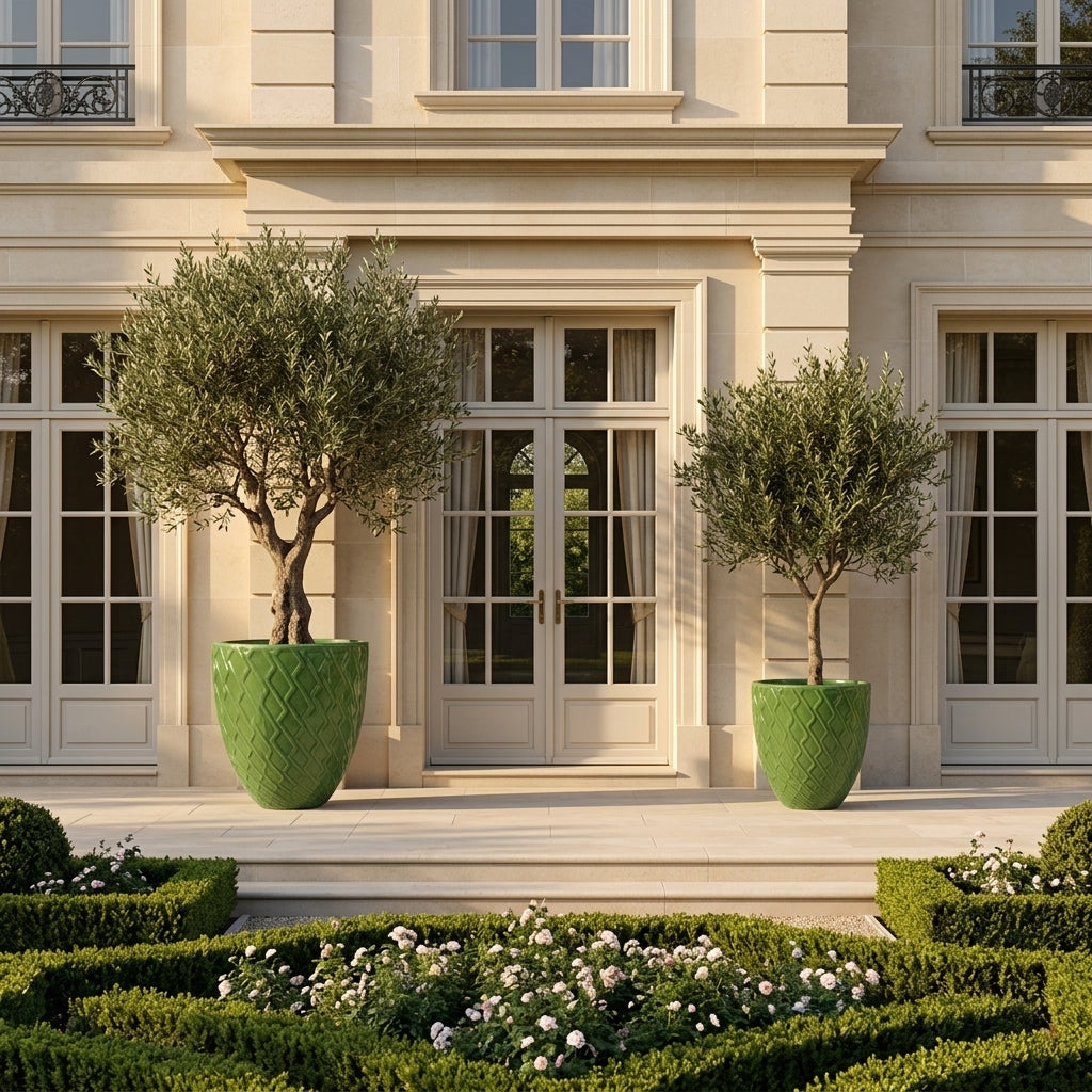 Keramický květináč Zeus - Jablkově zelená s olivovníkem na kamenné terase vily. Detail na lesklou glazuru a okrasný reliéf.