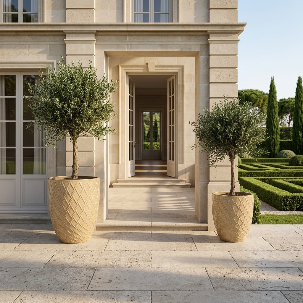 Detailní pohled na velký Keramický květináč Zeus - Pískovaný bronz s olivovníkem. Lesklá glazura a ozdobný reliéf na kamenné terase vily.