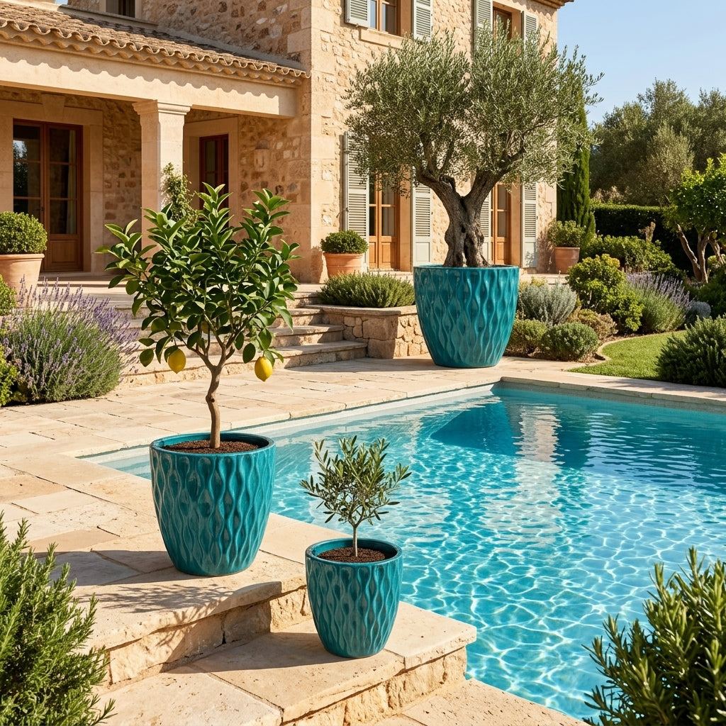 Detailní pohled na ručně vyráběný petrolejově modrý keramický květináč Monet z terakoty s lesklou glazurou, ozdobným reliéfem a olivovníkem na slunné terase u bazénu.