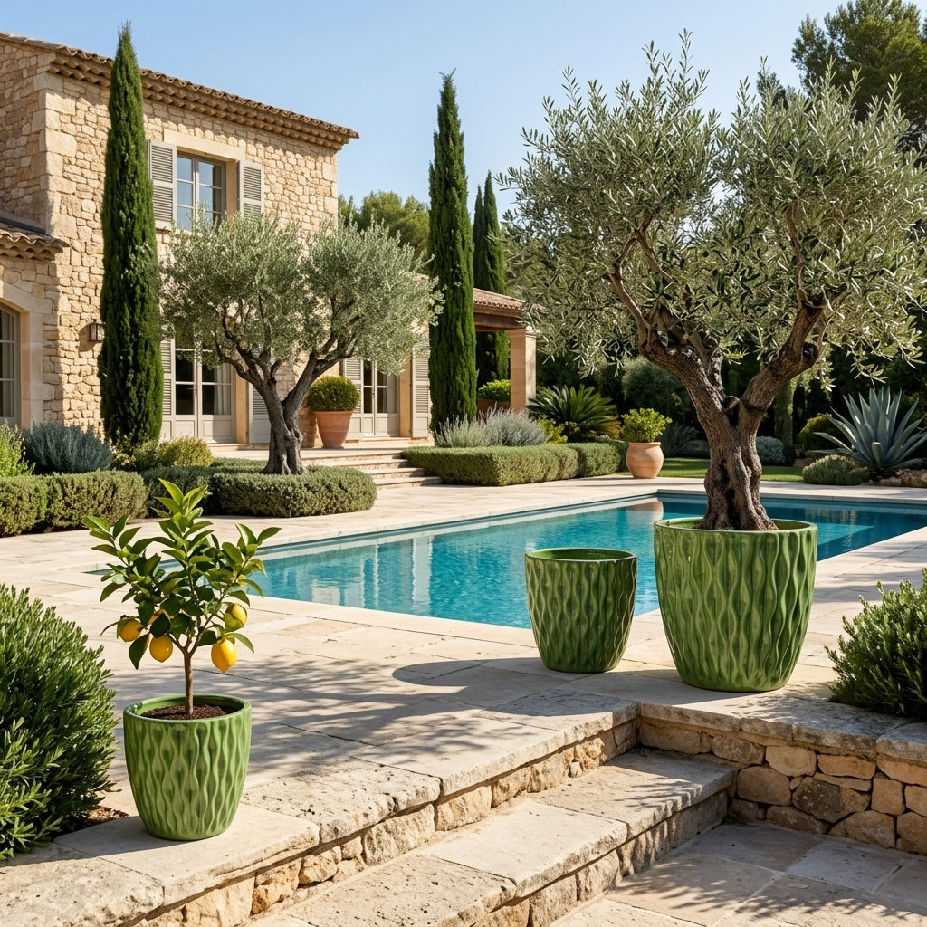 Detail na ručně vyráběný keramický květináč Monet Jablečně zelený z glazované terakoty s olivovníkem na slunné kamenné terase u bazénu.