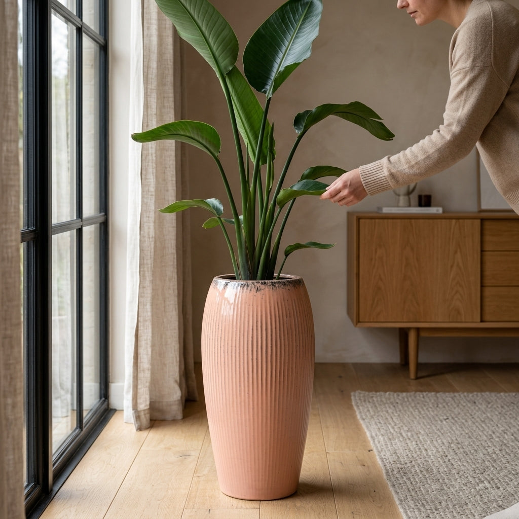 Keramický květináč Milano - Růžová o výšce 61 cm se strelícií v moderním skandinávském interiéru, žena se jemně dotýká listu rostliny.