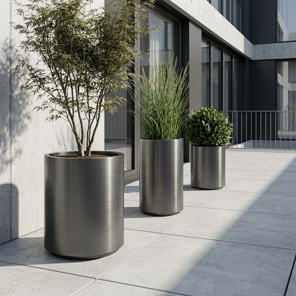 Detail na velký květináč z nerezové oceli Metropole v matně černé barvě s olivovníkem na moderní městské terase.