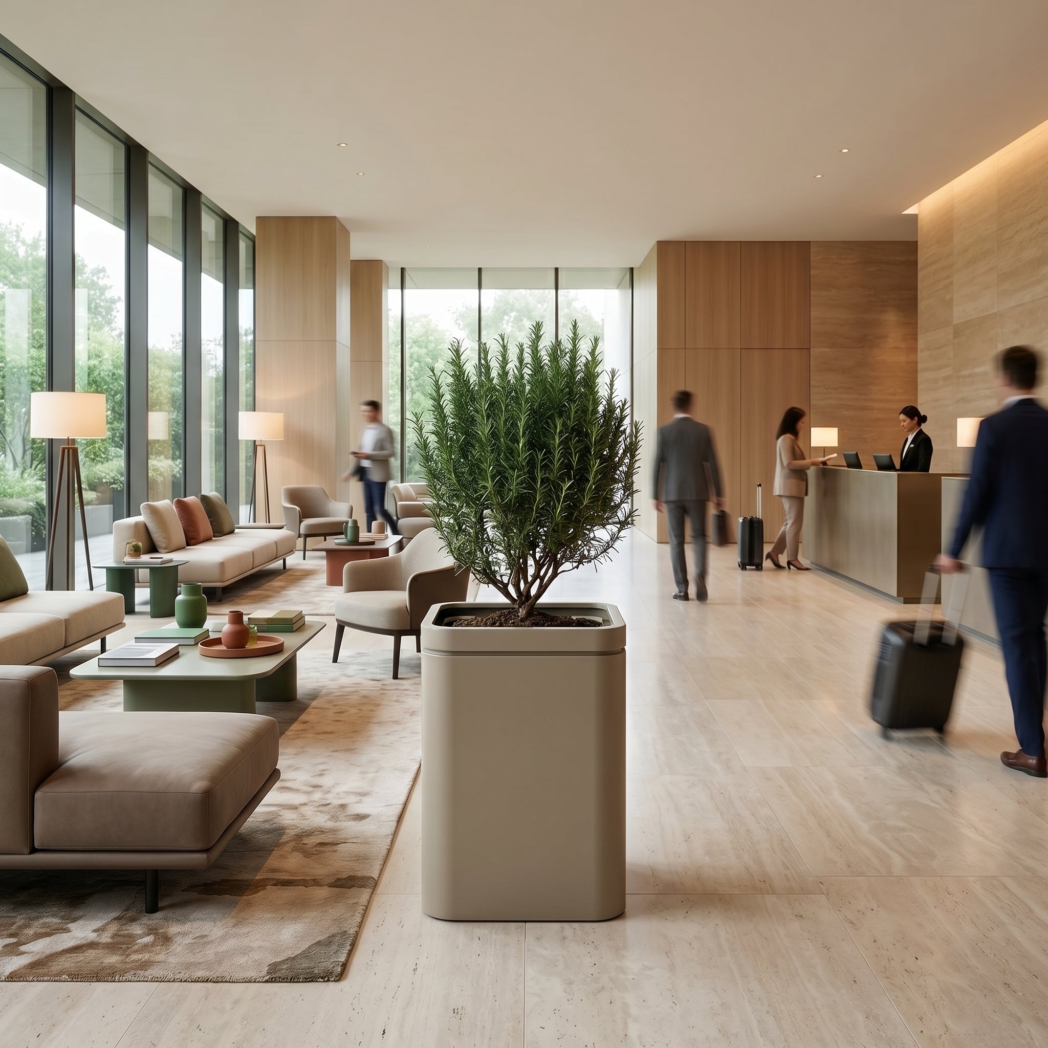 Velký pozinkovaný ocelový květináč INFINITY SQUARE v barvě šampaňská (XXL) osázený rozmarýnem uprostřed moderního luxusního hotelového lobby.