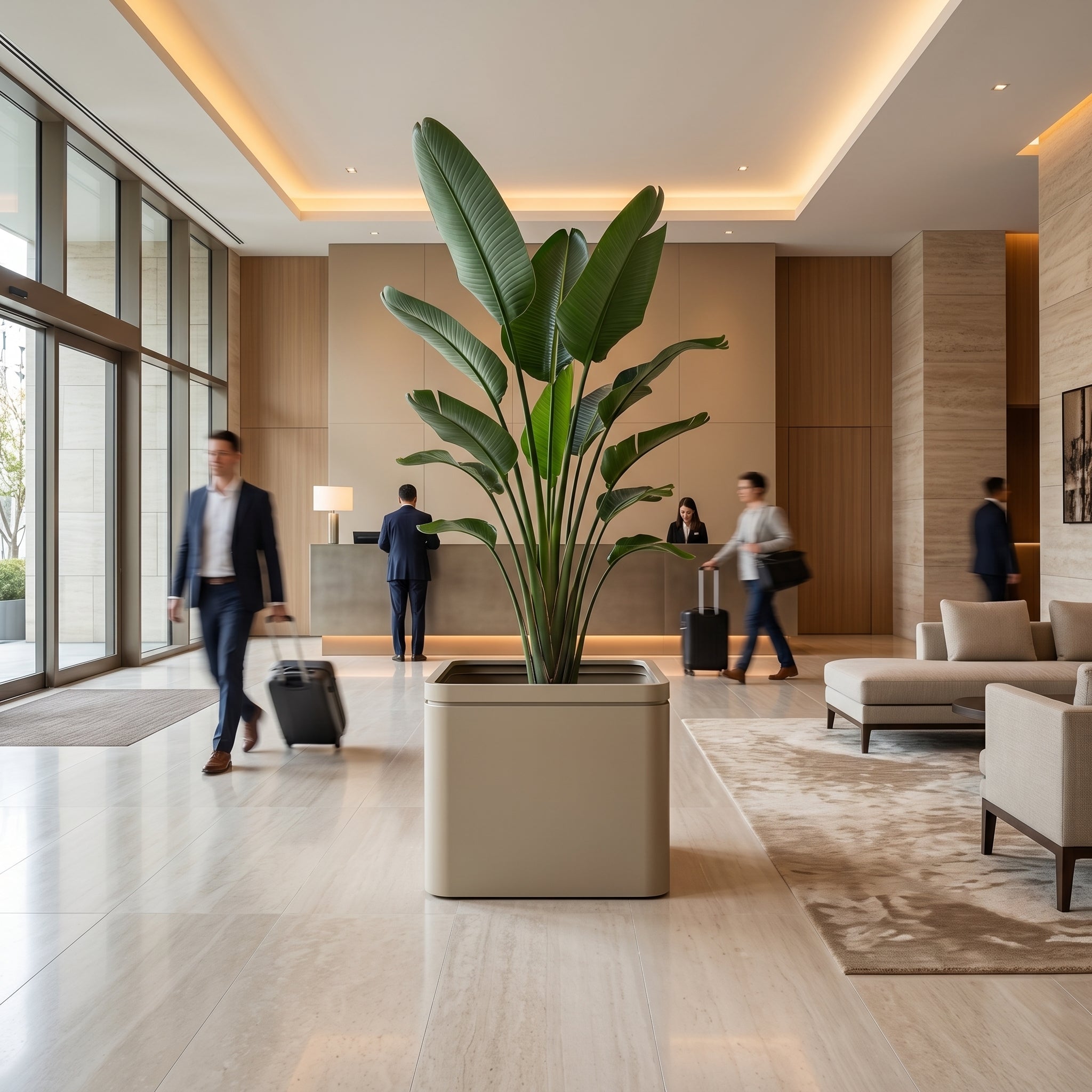 Velký pozinkovaný ocelový květináč INFINITY SQUARE - Šampaňská - XL (80 x 80 x 60 cm) se strelícií jako centrální designový prvek v moderním luxusním hotelovém lobby s procházejícími hosty.