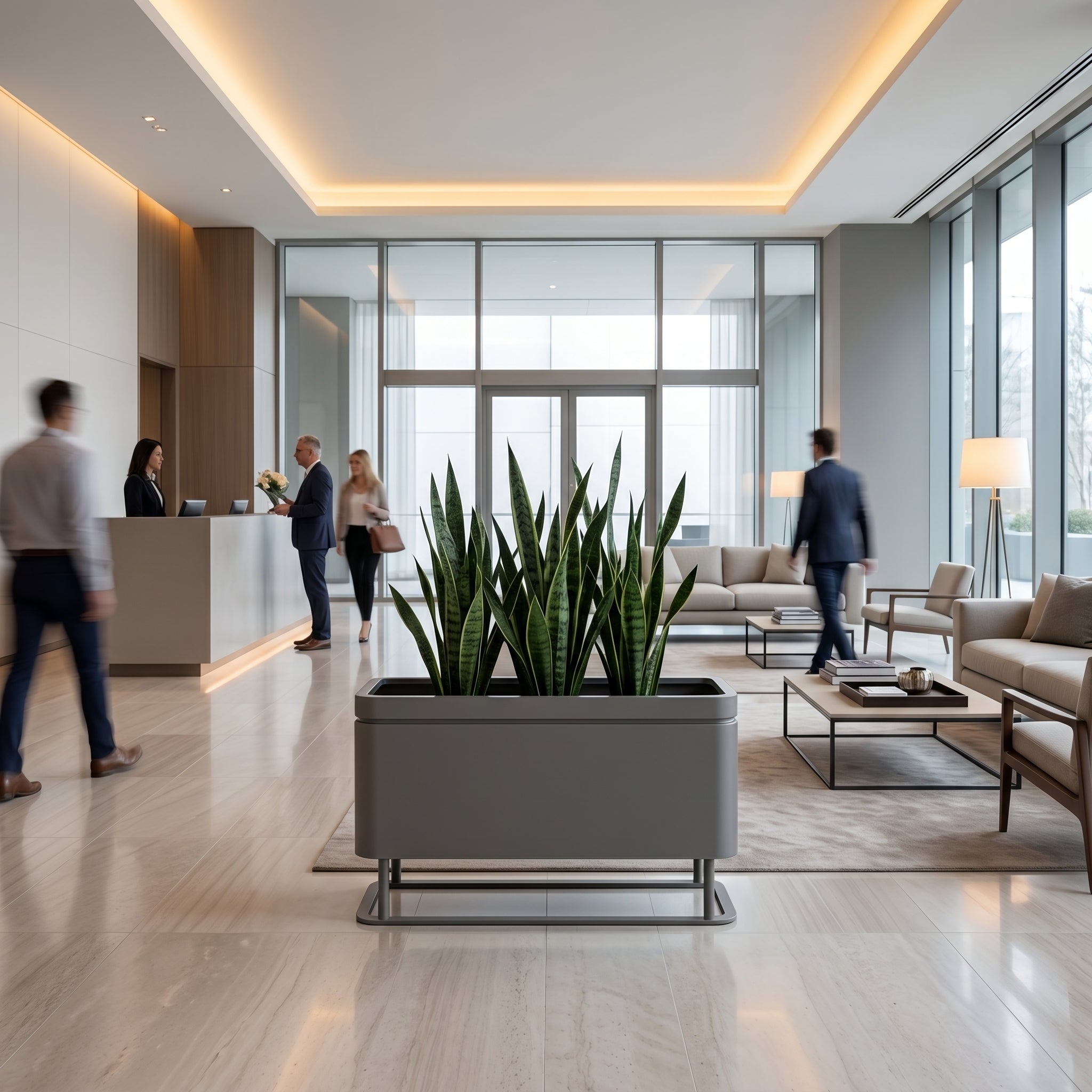 Velký pozinkovaný ocelový květináč GRANDOSIA v antracitové barvě velikosti XXL se sansevierií v luxusní moderní hotelové lobby.