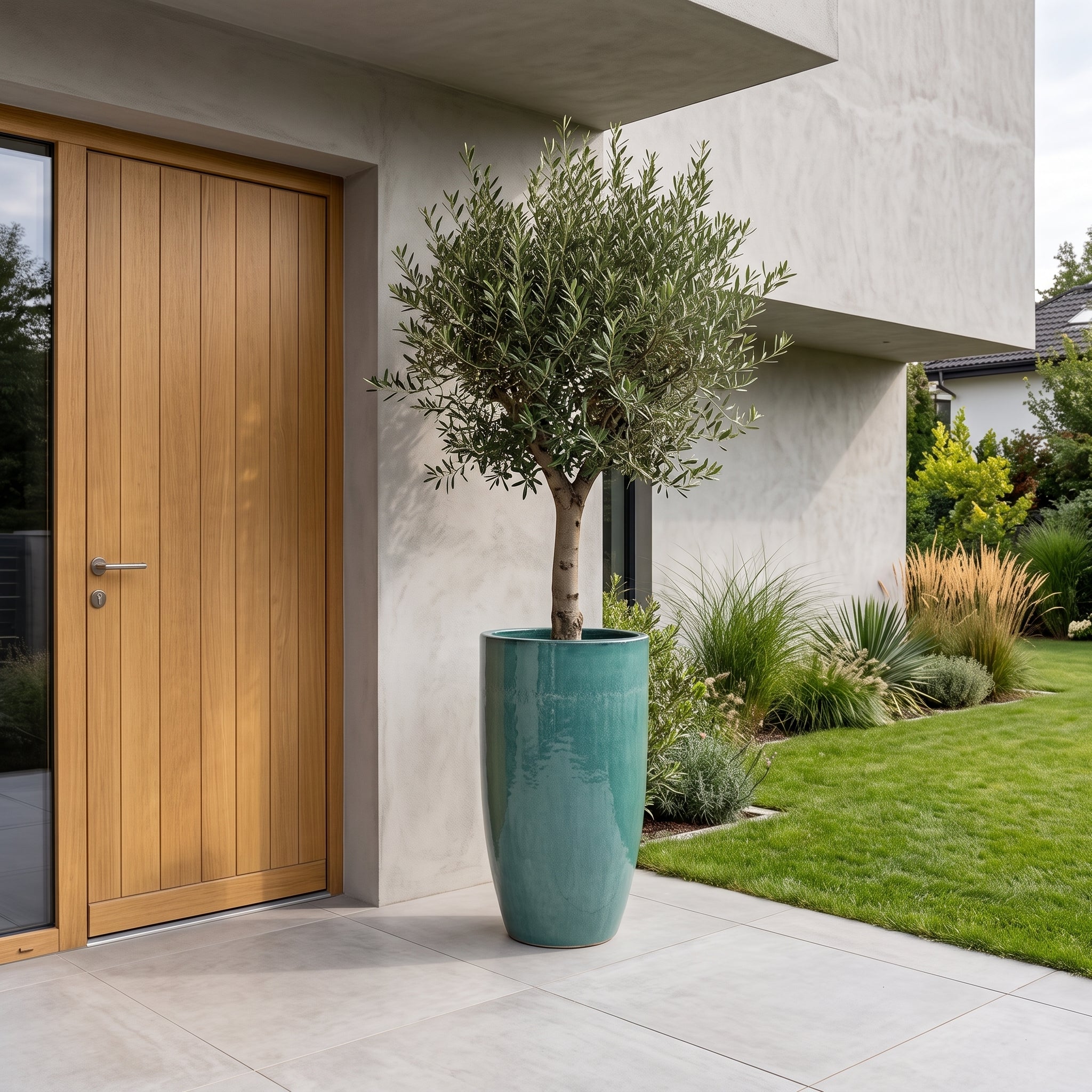 Ručně vyráběný vysoký keramický květináč Eiffel2 - Nefritově zelená (XXXL, 47 x 92 cm) se vzrostlým olivovníkem před dubovými dveřmi moderního luxusního domu.