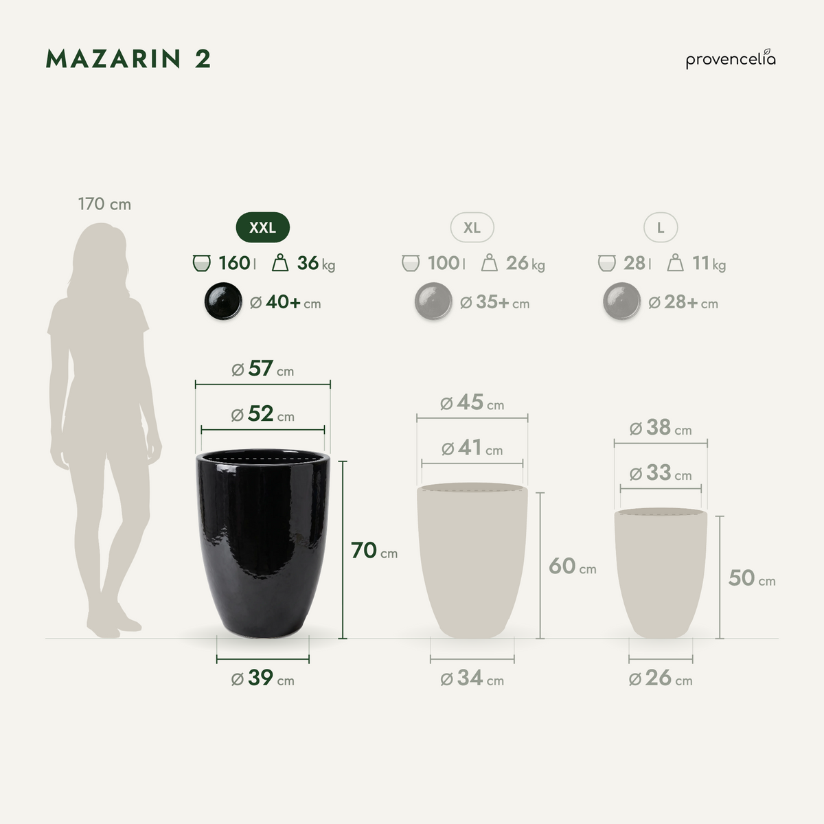Doniczka ceramiczna Mazarin 2 – Czarna, XXL (57 x 70 cm)