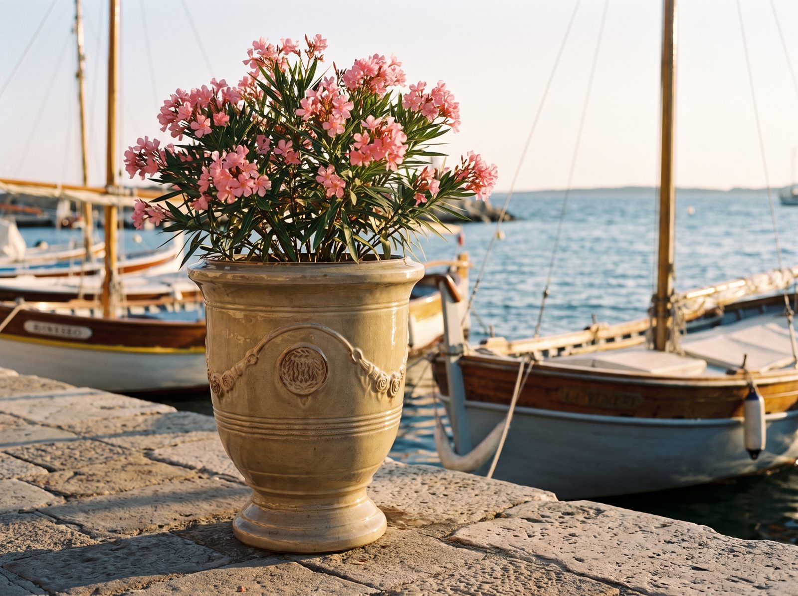 Ceramiczna donica RICHELIEU Piaskowany brąz z różowym oleandrem na portowym molo na Riwierze